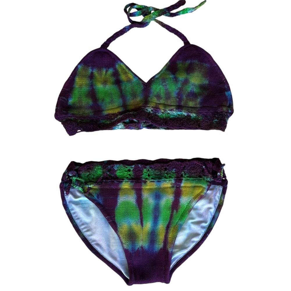 Women's Swimsuit Size M/L Purple Green Tie Dye Bikini Halter